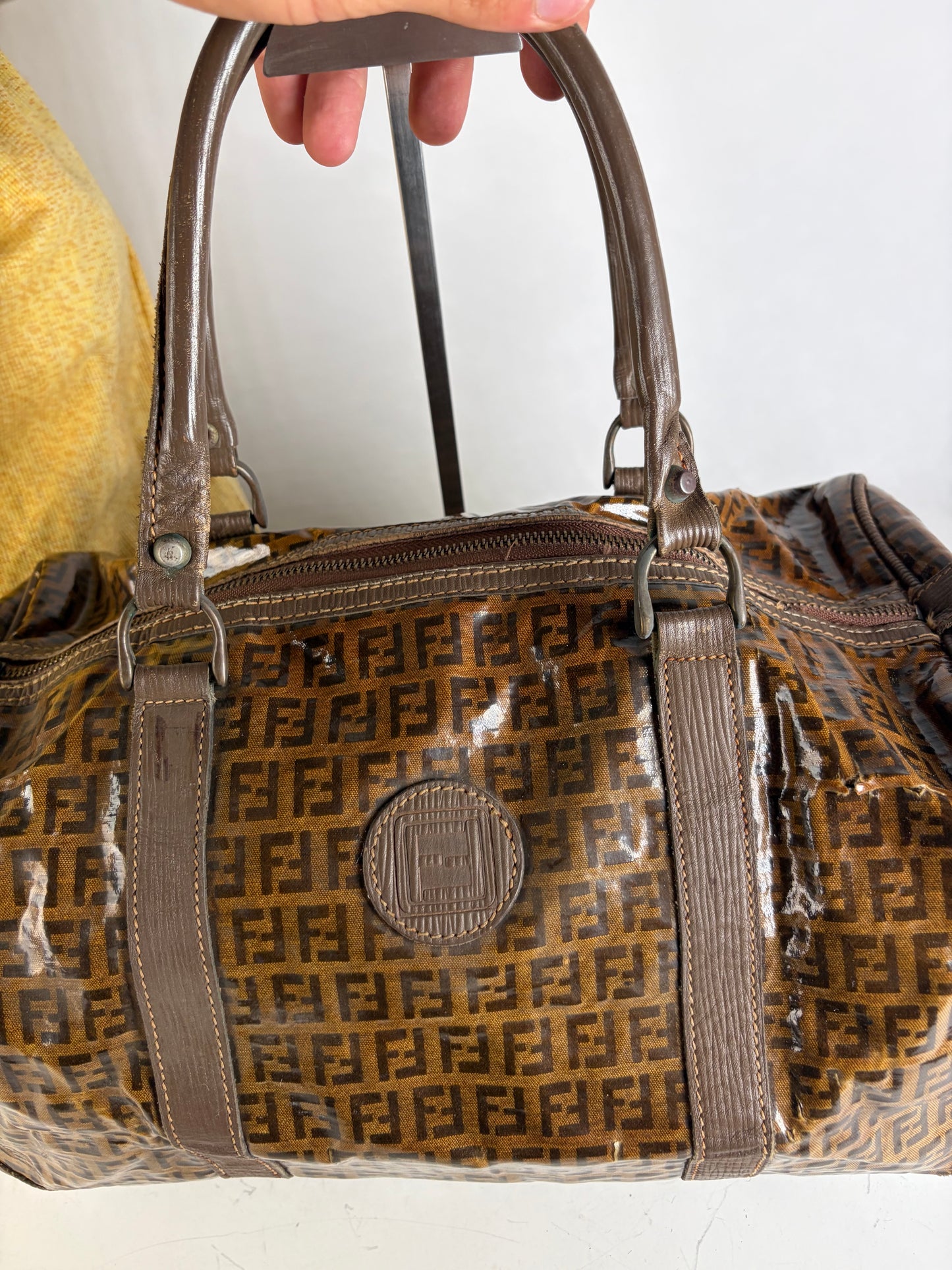 Vintage Fendi FF Monogram Coated Canvas Duffle Bag Brown Tan