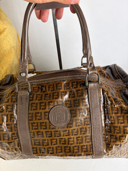 Vintage Fendi FF Monogram Coated Canvas Duffle Bag Brown Tan