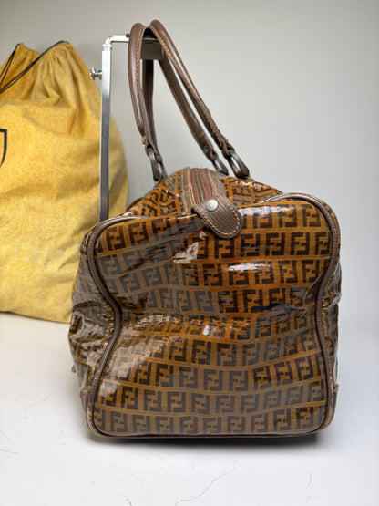 Vintage Fendi FF Monogram Coated Canvas Duffle Bag Brown Tan