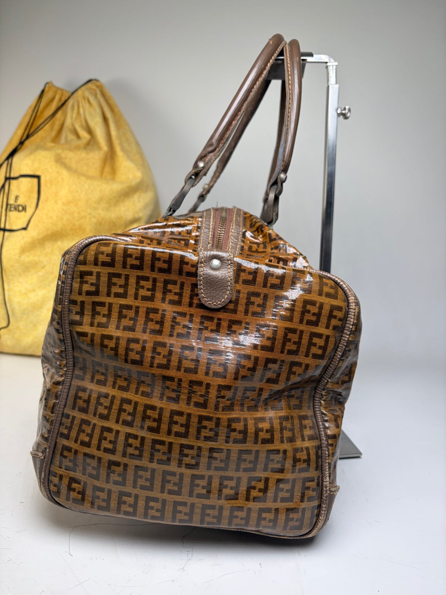 Vintage Fendi FF Monogram Coated Canvas Duffle Bag Brown Tan