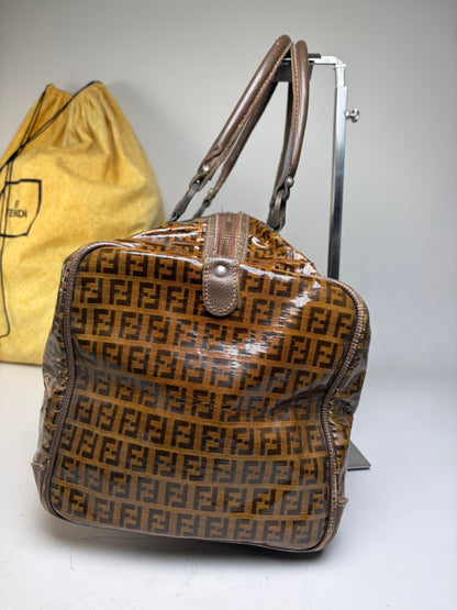 Vintage Fendi FF Monogram Coated Canvas Duffle Bag Brown Tan