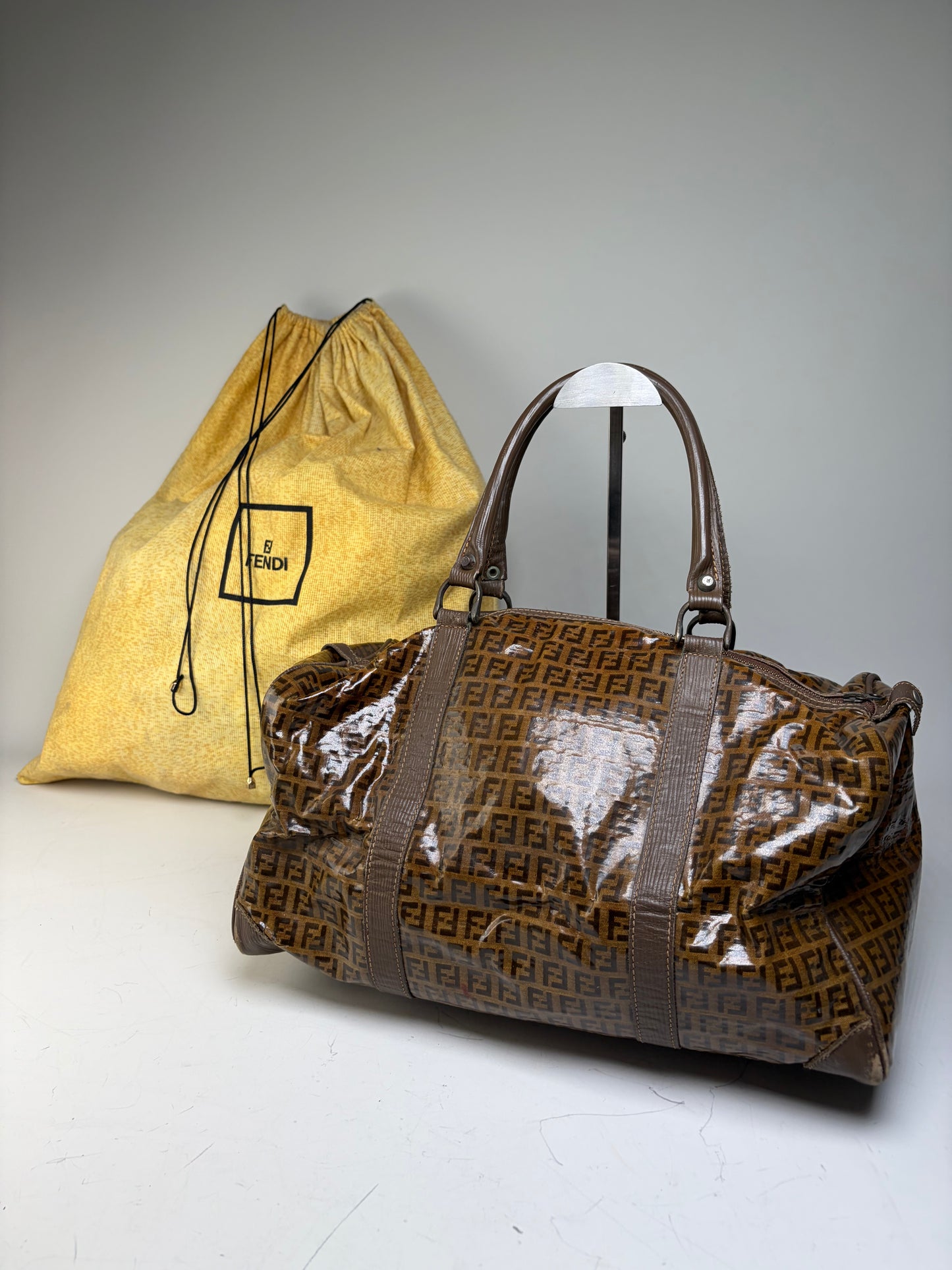 Vintage Fendi FF Monogram Coated Canvas Duffle Bag Brown Tan