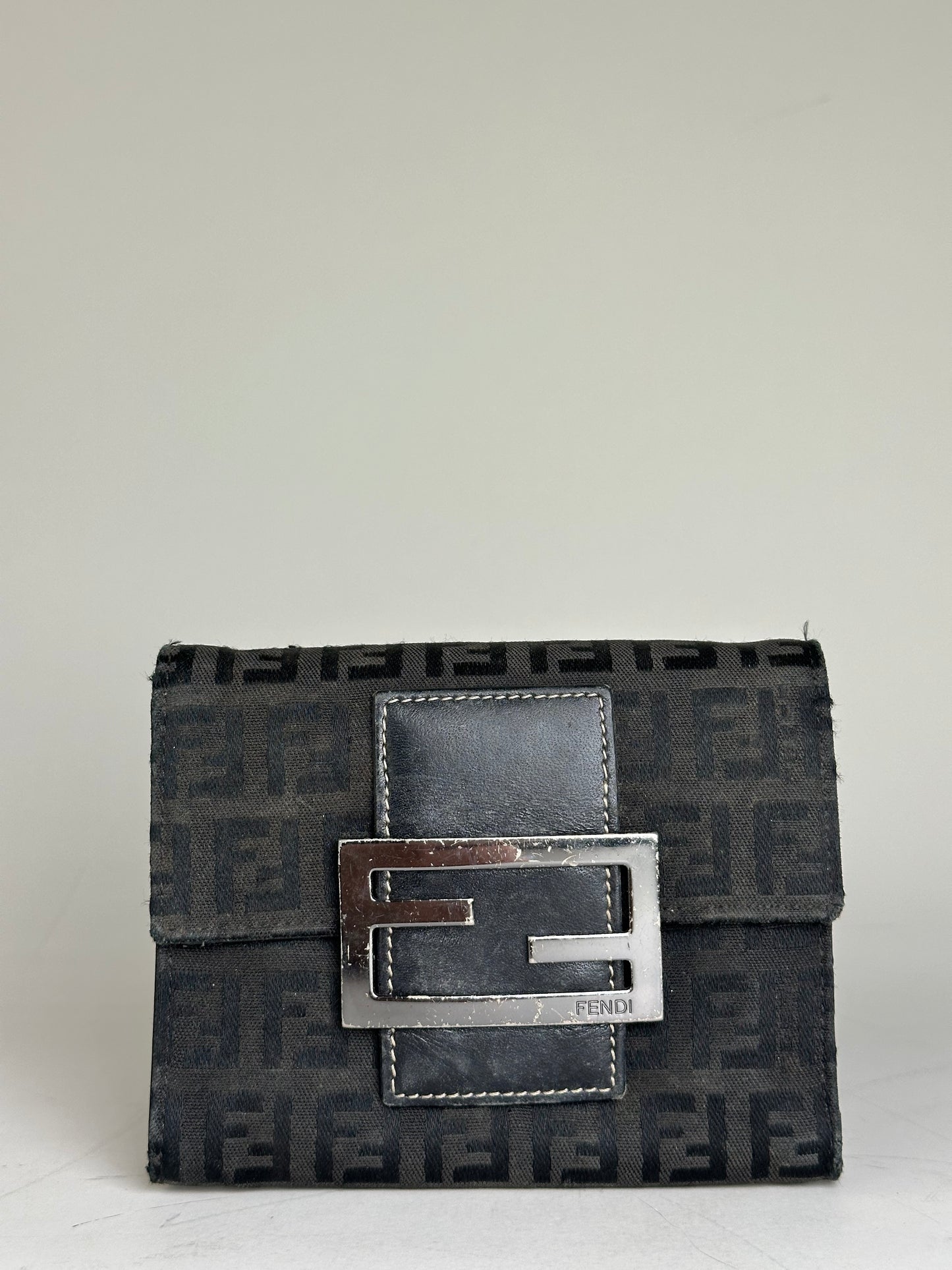 Vintage Fendi FF Monogram Canvas Wallet Black Silver