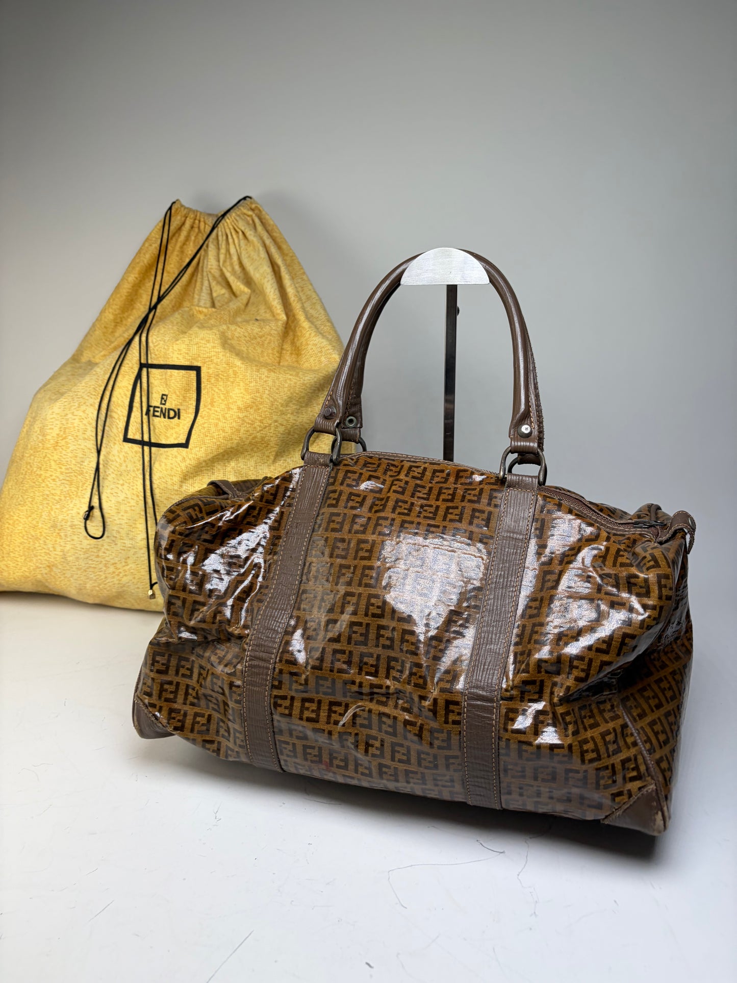 Vintage Fendi FF Monogram Coated Canvas Duffle Bag Brown Tan