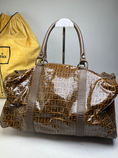 Vintage Fendi FF Monogram Coated Canvas Duffle Bag Brown Tan