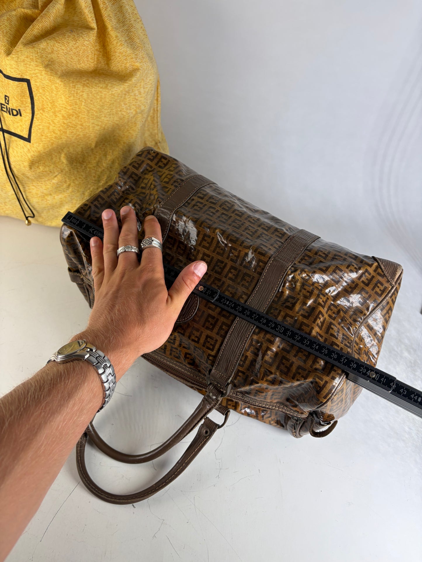 Vintage Fendi FF Monogram Coated Canvas Duffle Bag Brown Tan