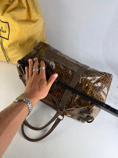 Vintage Fendi FF Monogram Coated Canvas Duffle Bag Brown Tan