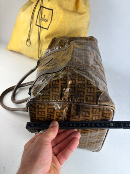 Vintage Fendi FF Monogram Coated Canvas Duffle Bag Brown Tan