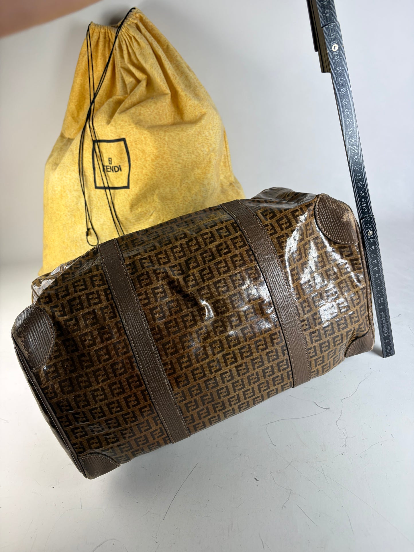 Vintage Fendi FF Monogram Coated Canvas Duffle Bag Brown Tan