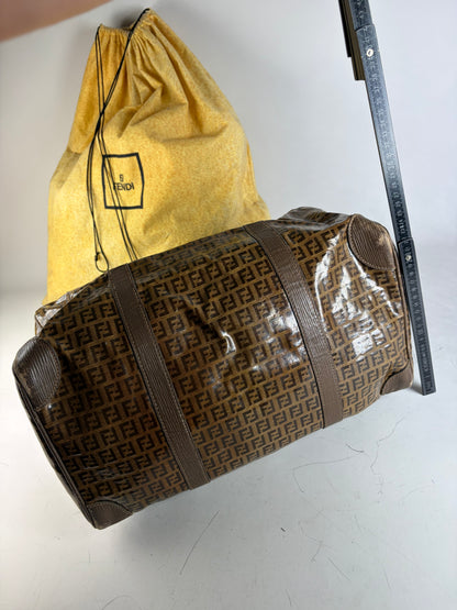 Vintage Fendi FF Monogram Coated Canvas Duffle Bag Brown Tan