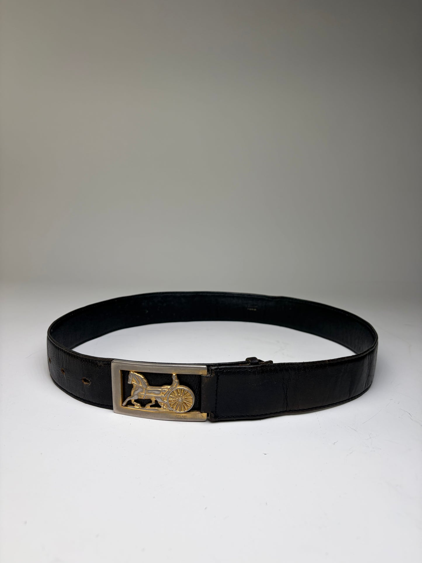 Vintage Celine Leather Belt Black Gold Buckle