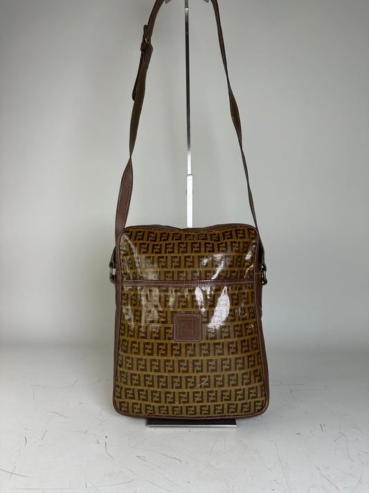 Vintage Fendi FF Monogram Canvas Shoulder Bag Brown Tan