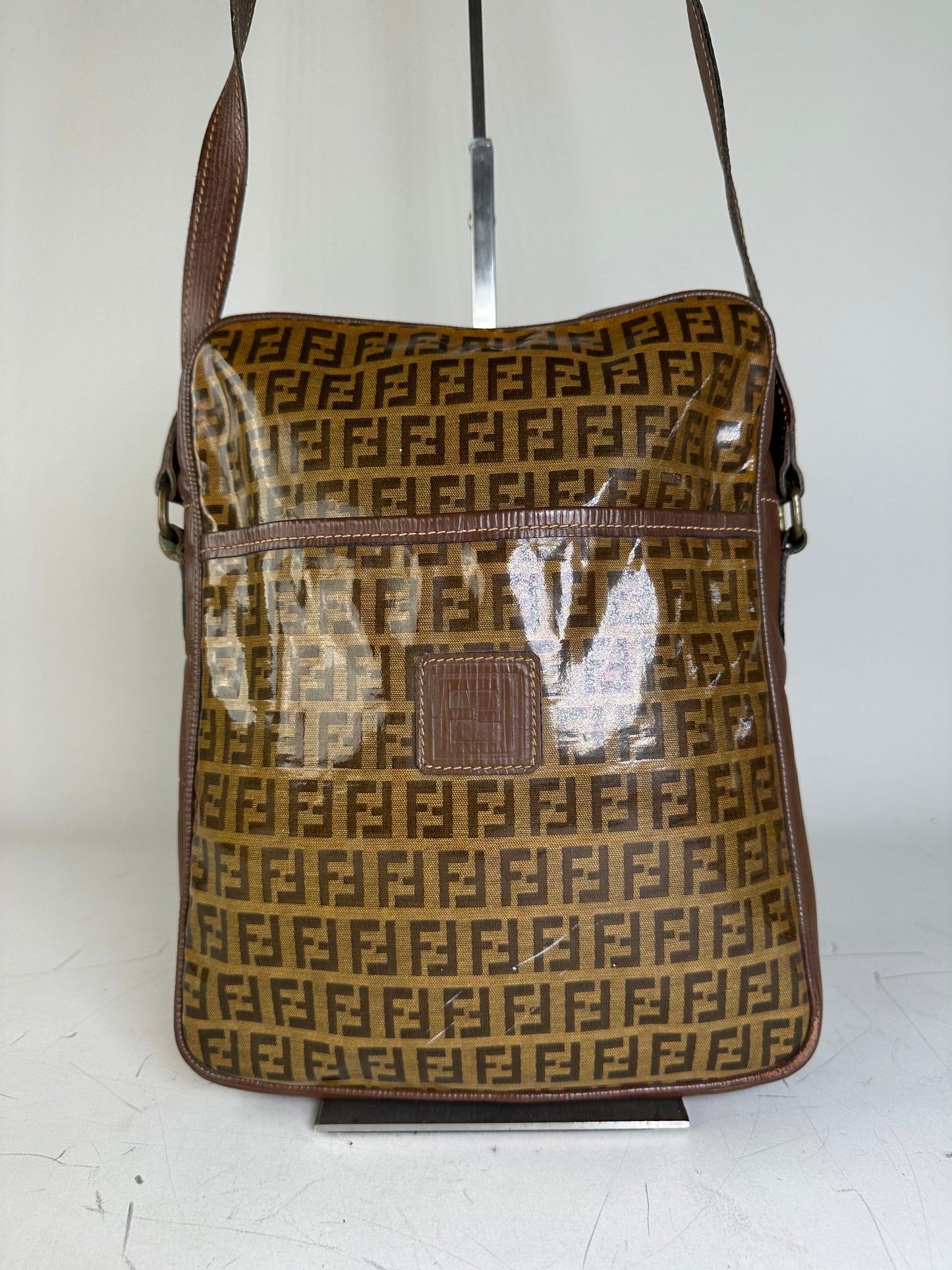Vintage Fendi FF Monogram Canvas Shoulder Bag Brown Tan
