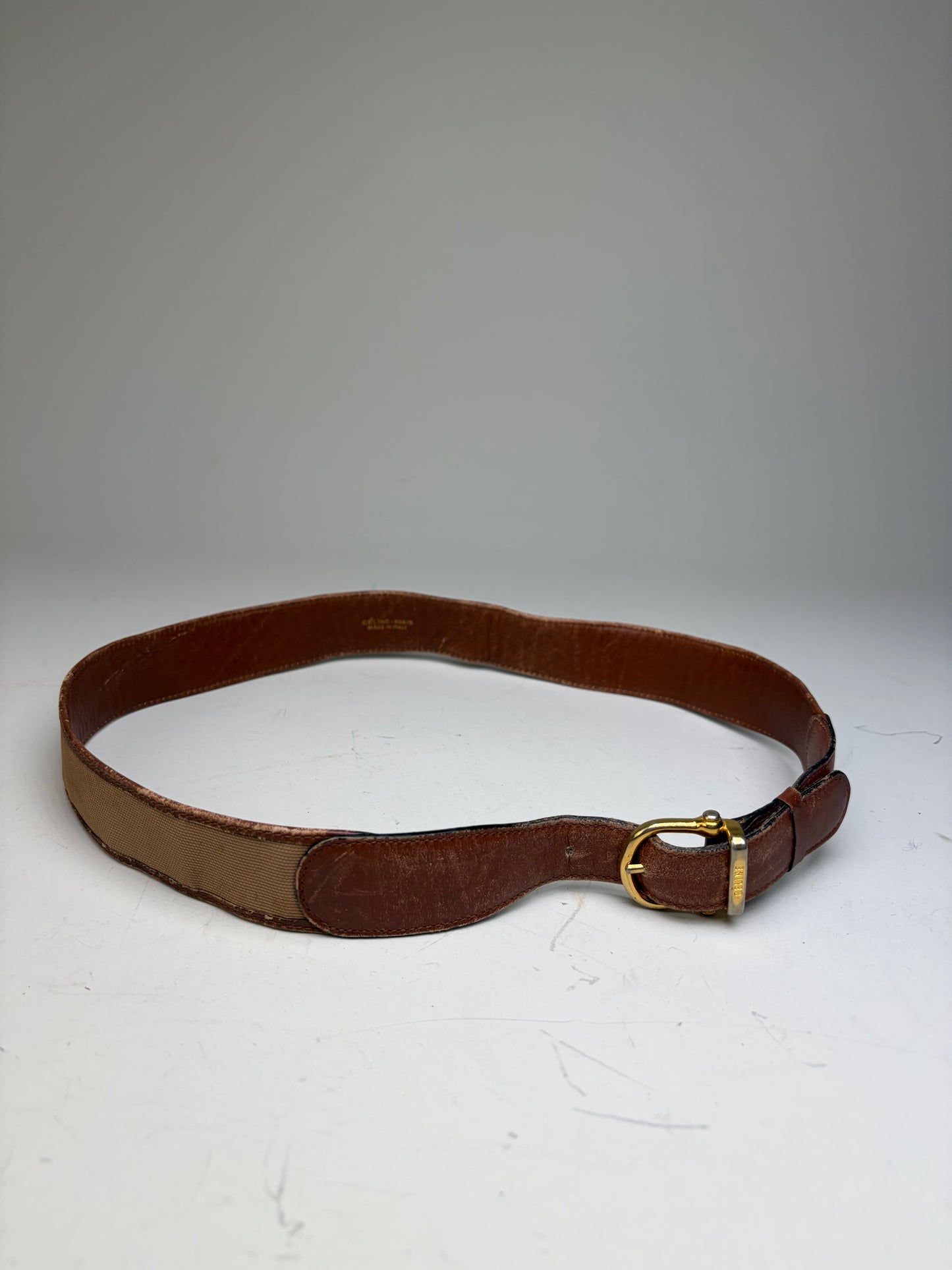 Vintage Celine Leather Belt Gold Buckle Brown Beige