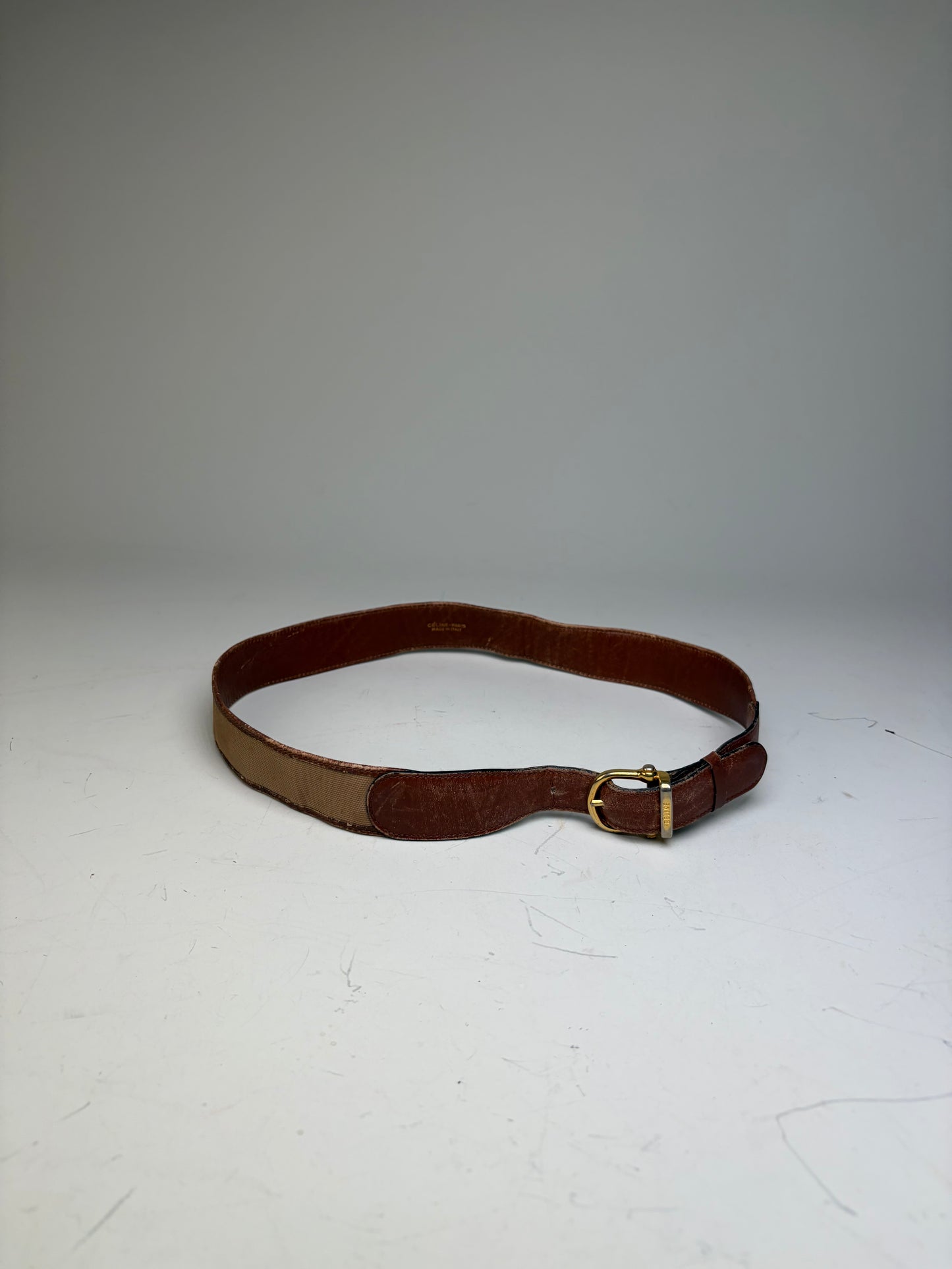 Vintage Celine Leather Belt Gold Buckle Brown Beige