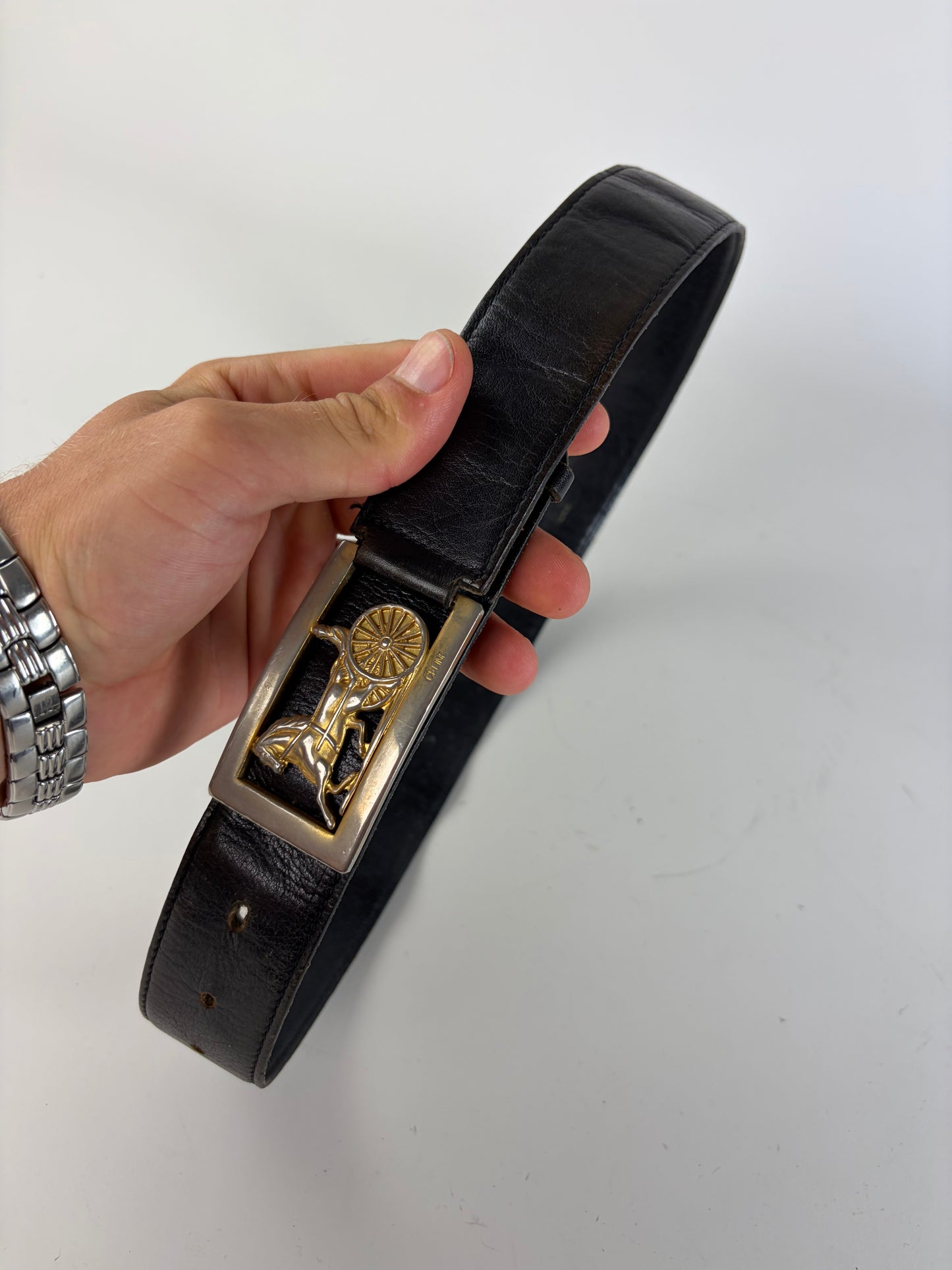 Vintage Celine Leather Belt Black Gold Buckle