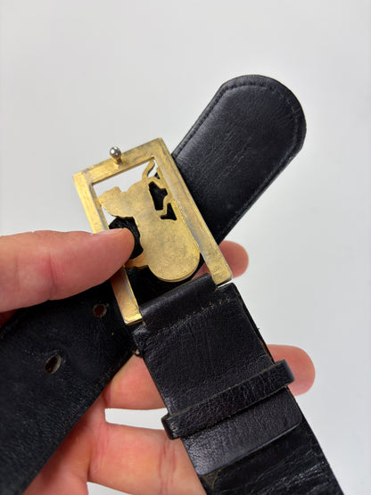 Vintage Celine Leather Belt Black Gold Buckle