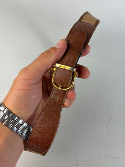 Vintage Celine Leather Belt Gold Buckle Brown Beige
