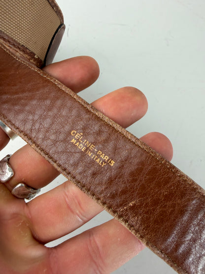 Vintage Celine Leather Belt Gold Buckle Brown Beige