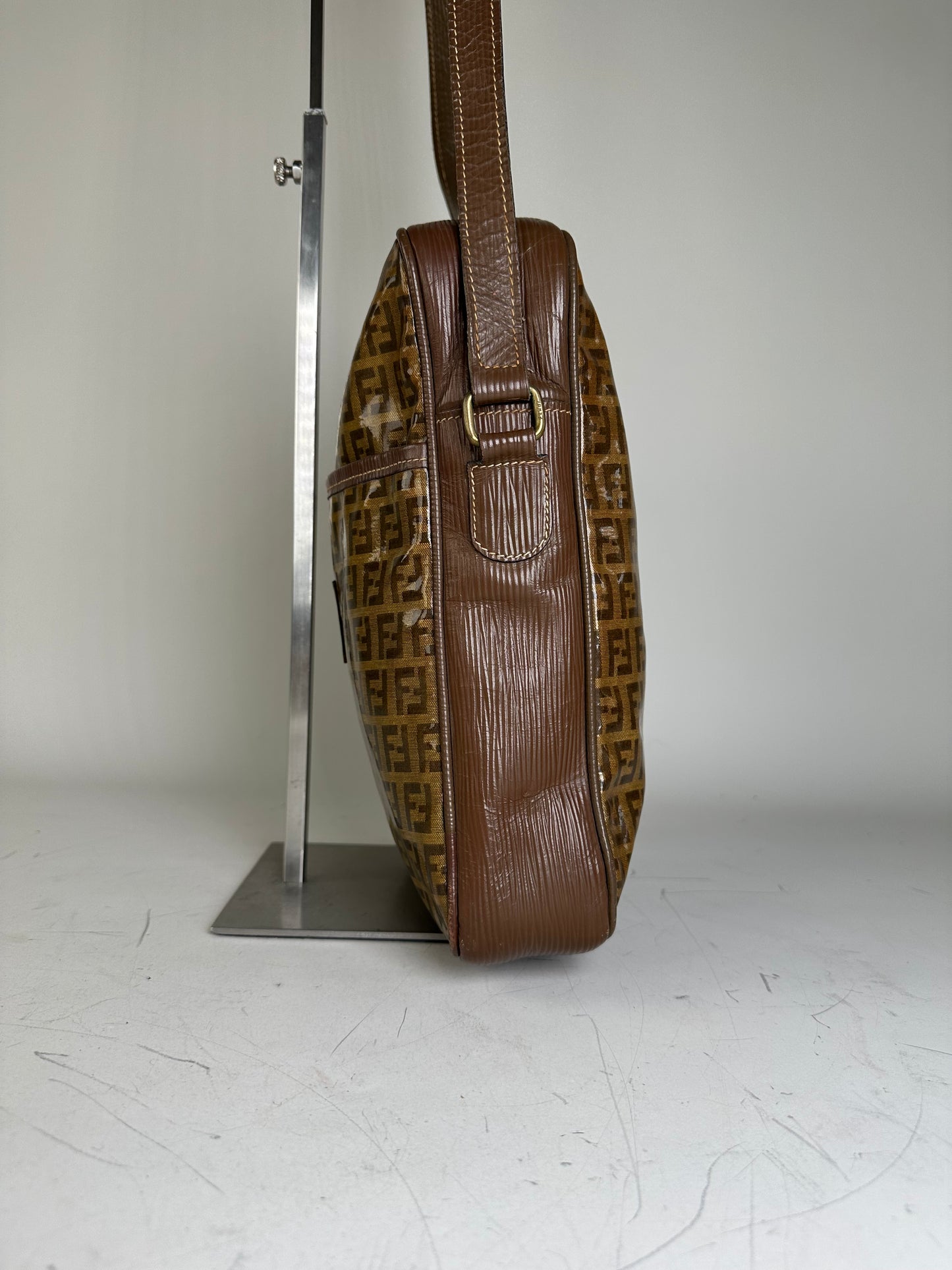 Vintage Fendi FF Monogram Canvas Shoulder Bag Brown Tan