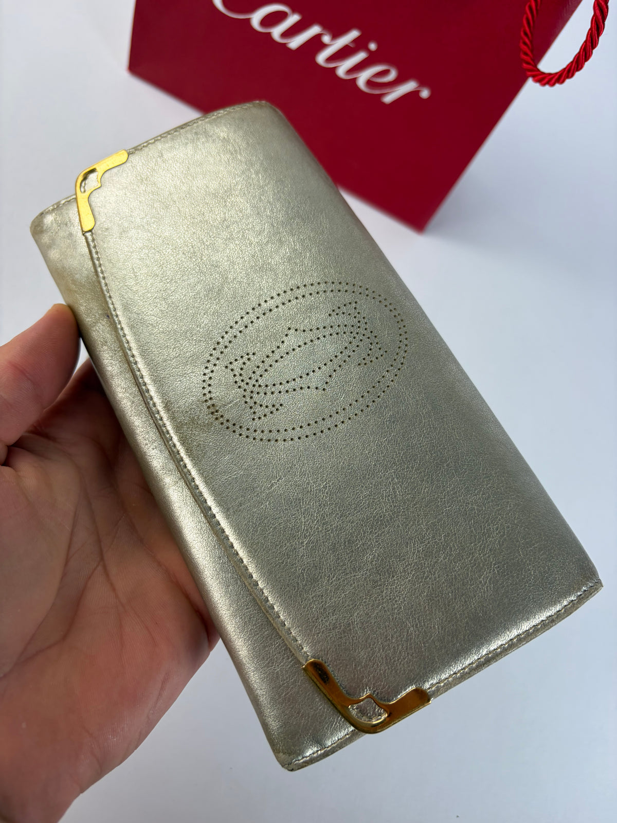 Vintage Cartier Metallic Leather Bifold Wallet Late 1990s Silver Gold