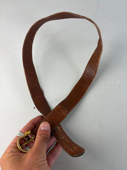 Vintage Celine Leather Belt Gold Buckle Brown Beige
