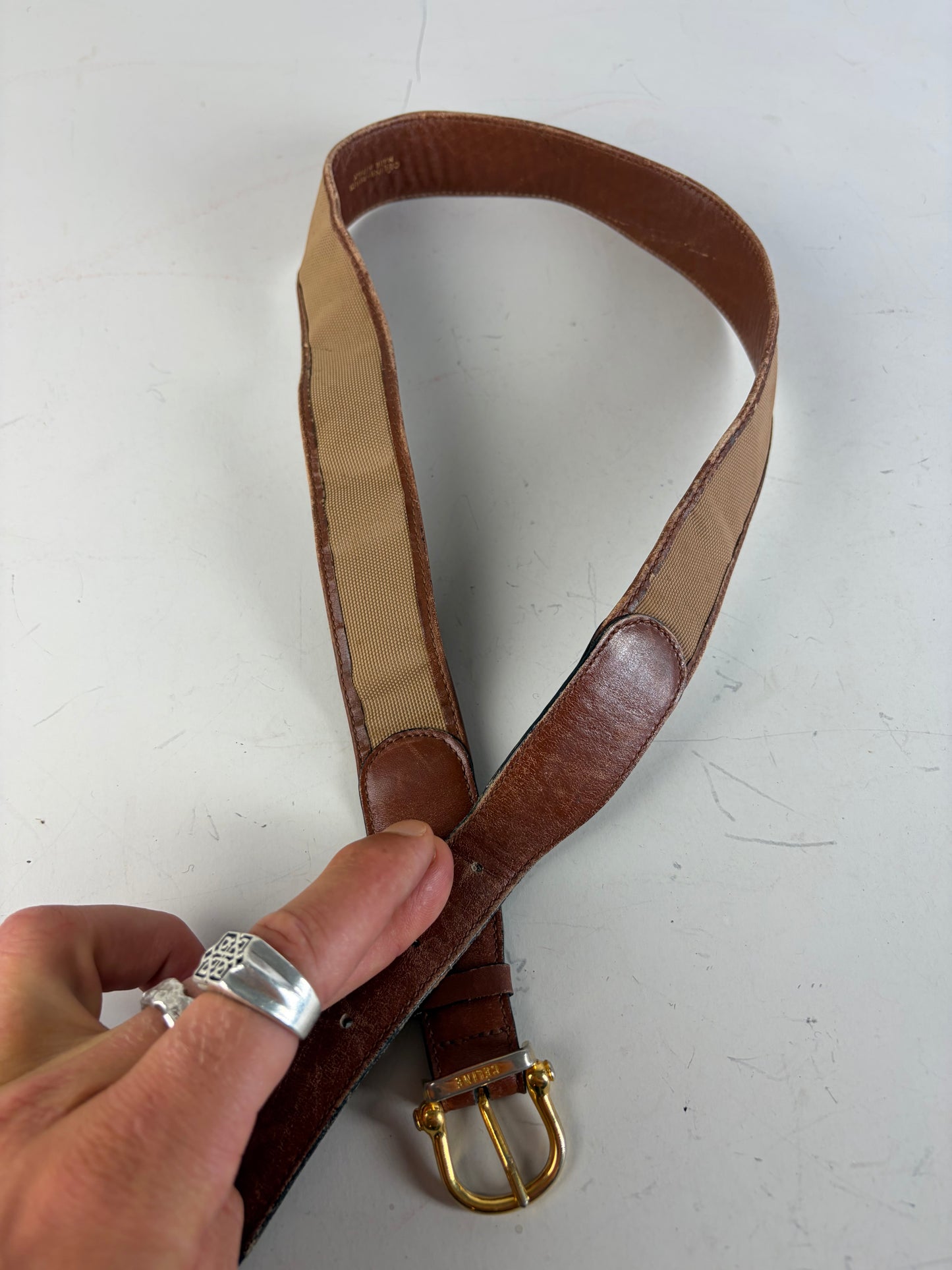 Vintage Celine Leather Belt Gold Buckle Brown Beige
