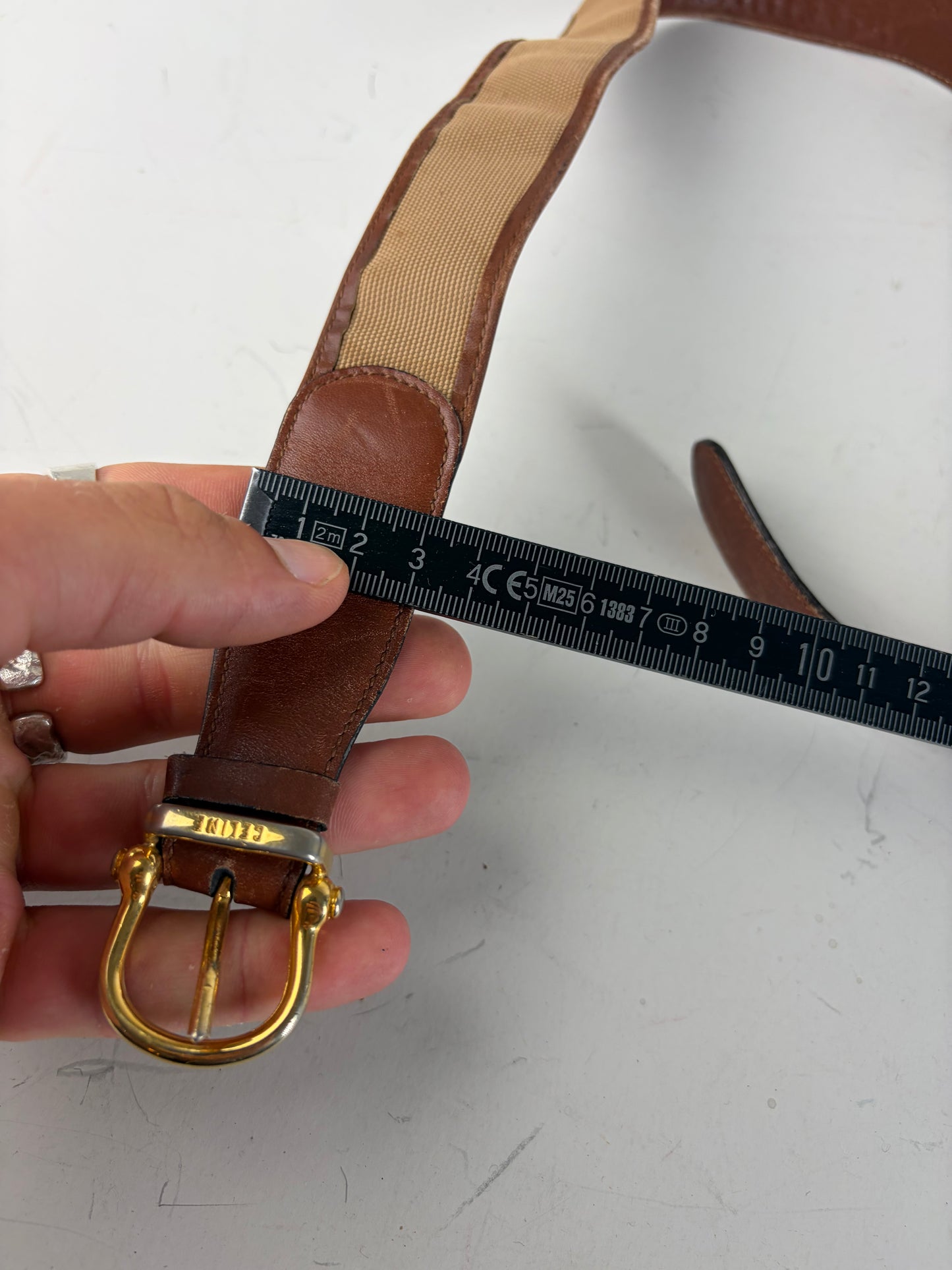 Vintage Celine Leather Belt Gold Buckle Brown Beige