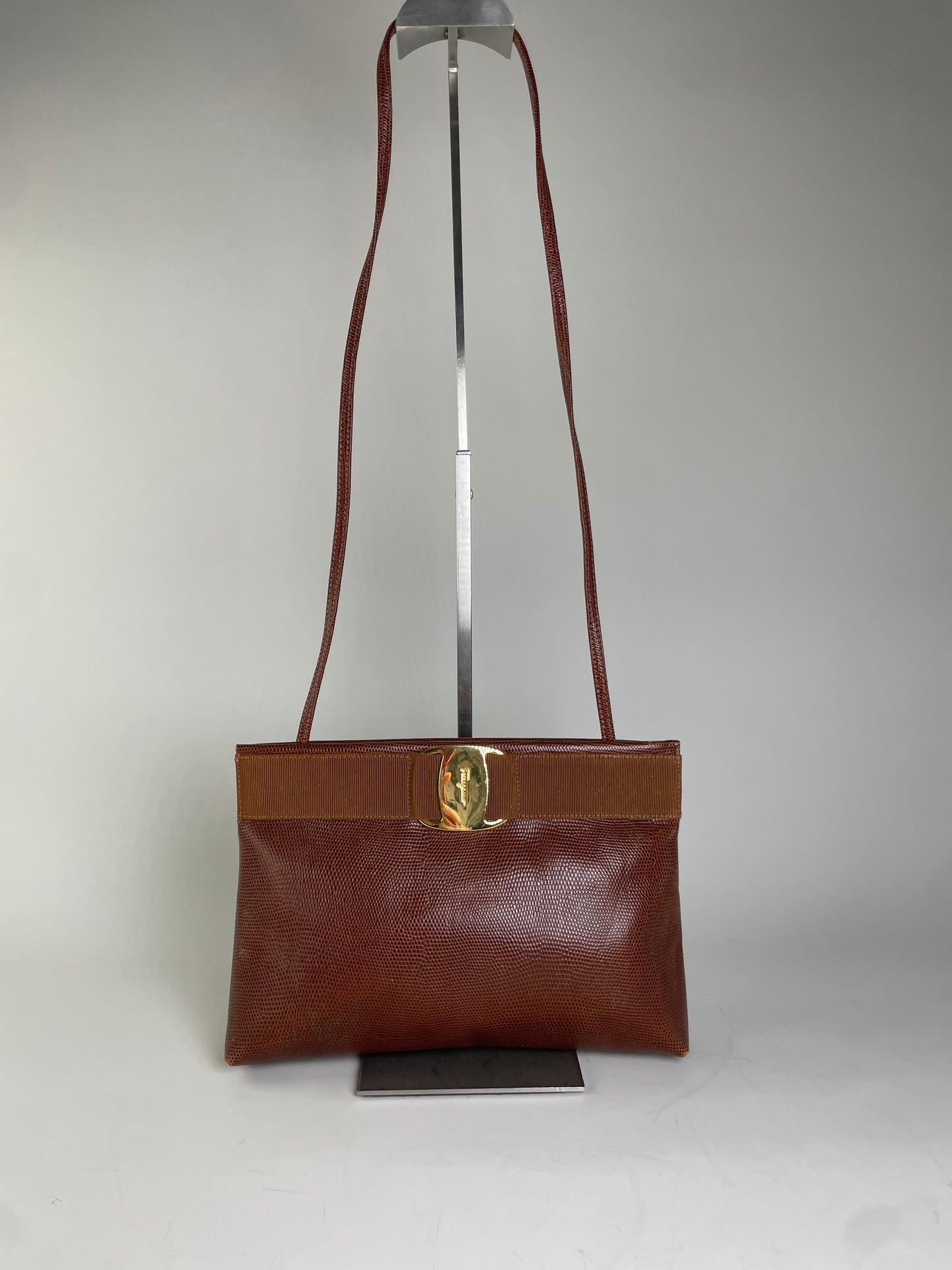 Vintage Ferragamo Textured Leather Shoulder Bag Rust Tan Gold