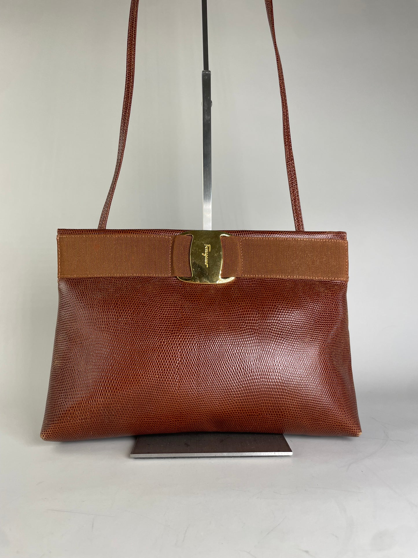 Vintage Ferragamo Textured Leather Shoulder Bag Rust Tan Gold