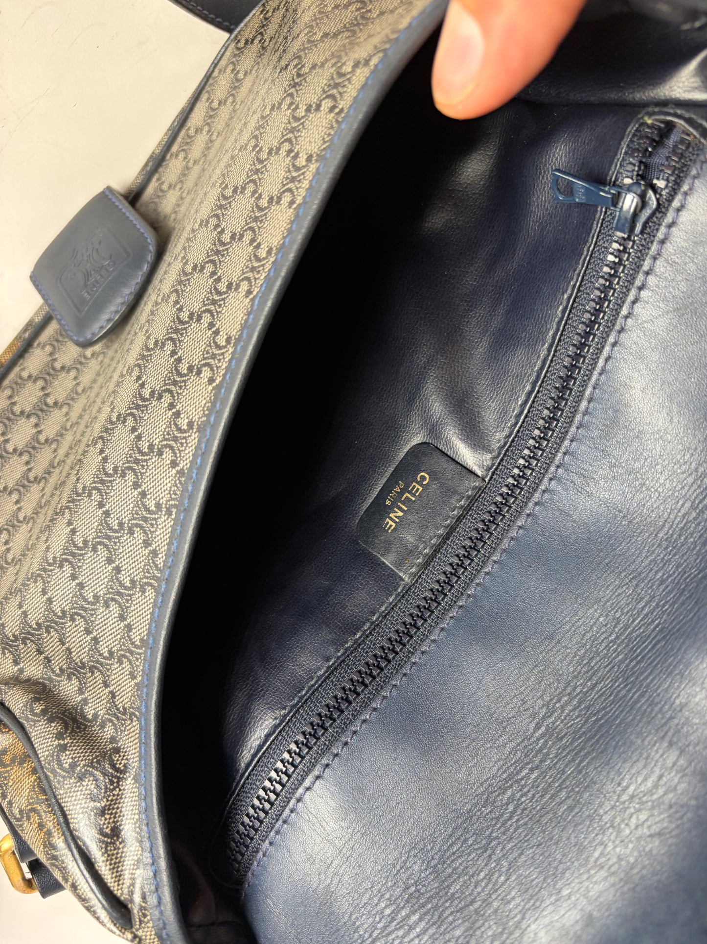 Vintage Celine C Monogram Canvas Shoulder Bag Navy Beige