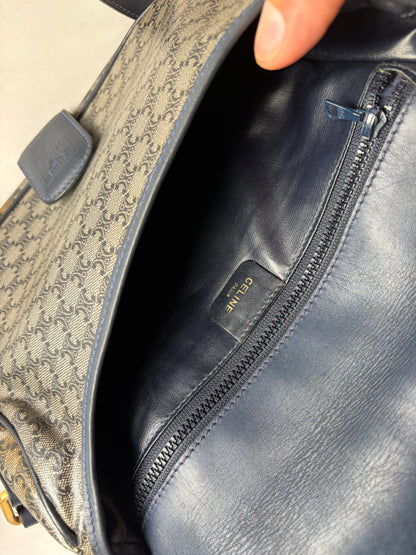 Vintage Celine C Monogram Canvas Shoulder Bag Navy Beige