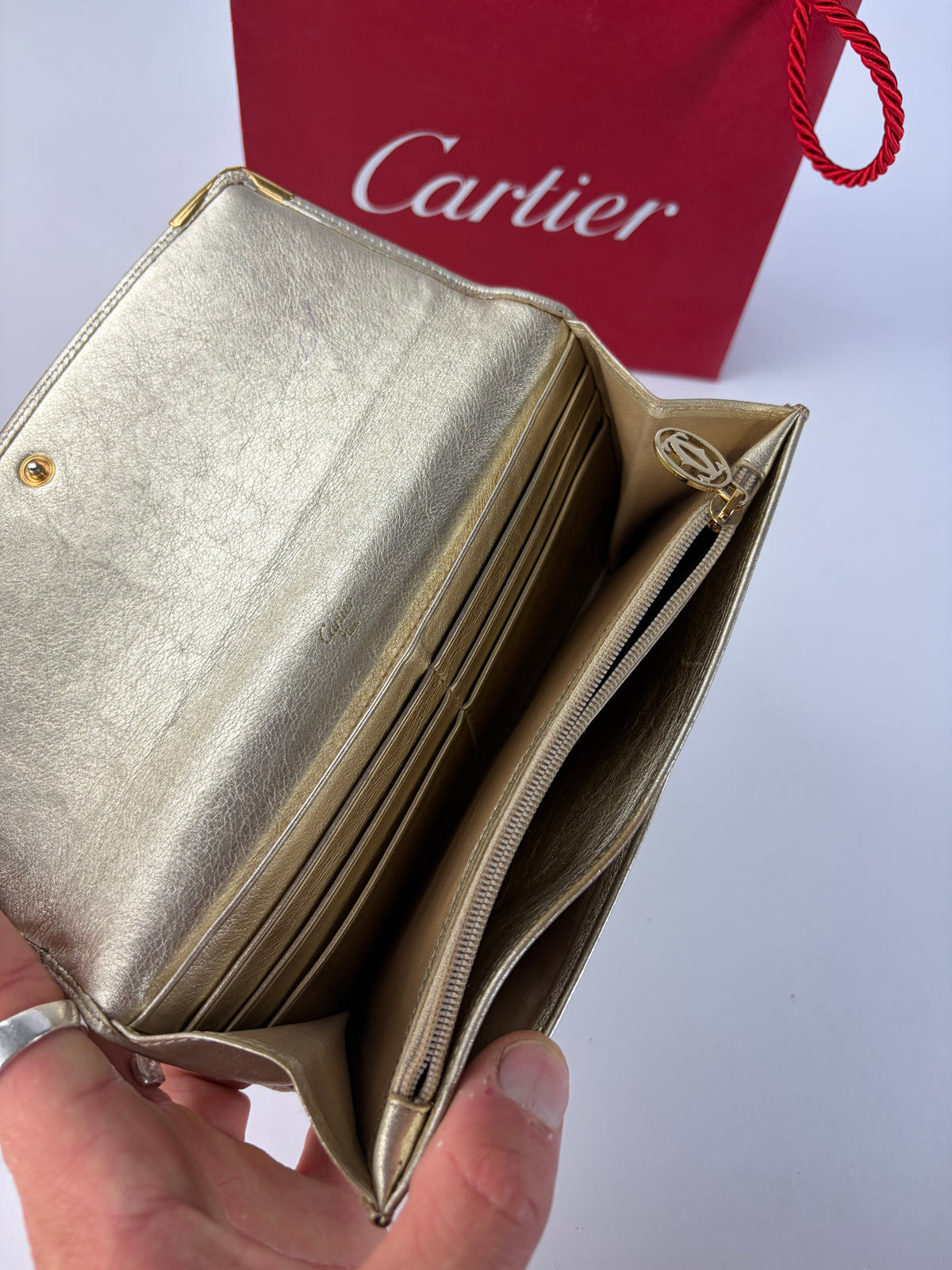 Vintage Cartier Metallic Leather Bifold Wallet Late 1990s Silver Gold
