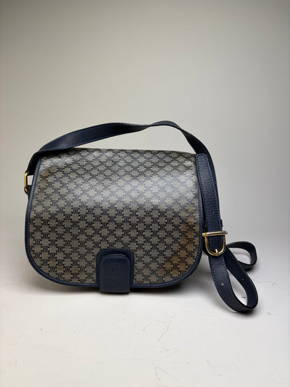 Vintage Celine C Monogram Canvas Shoulder Bag Navy Beige