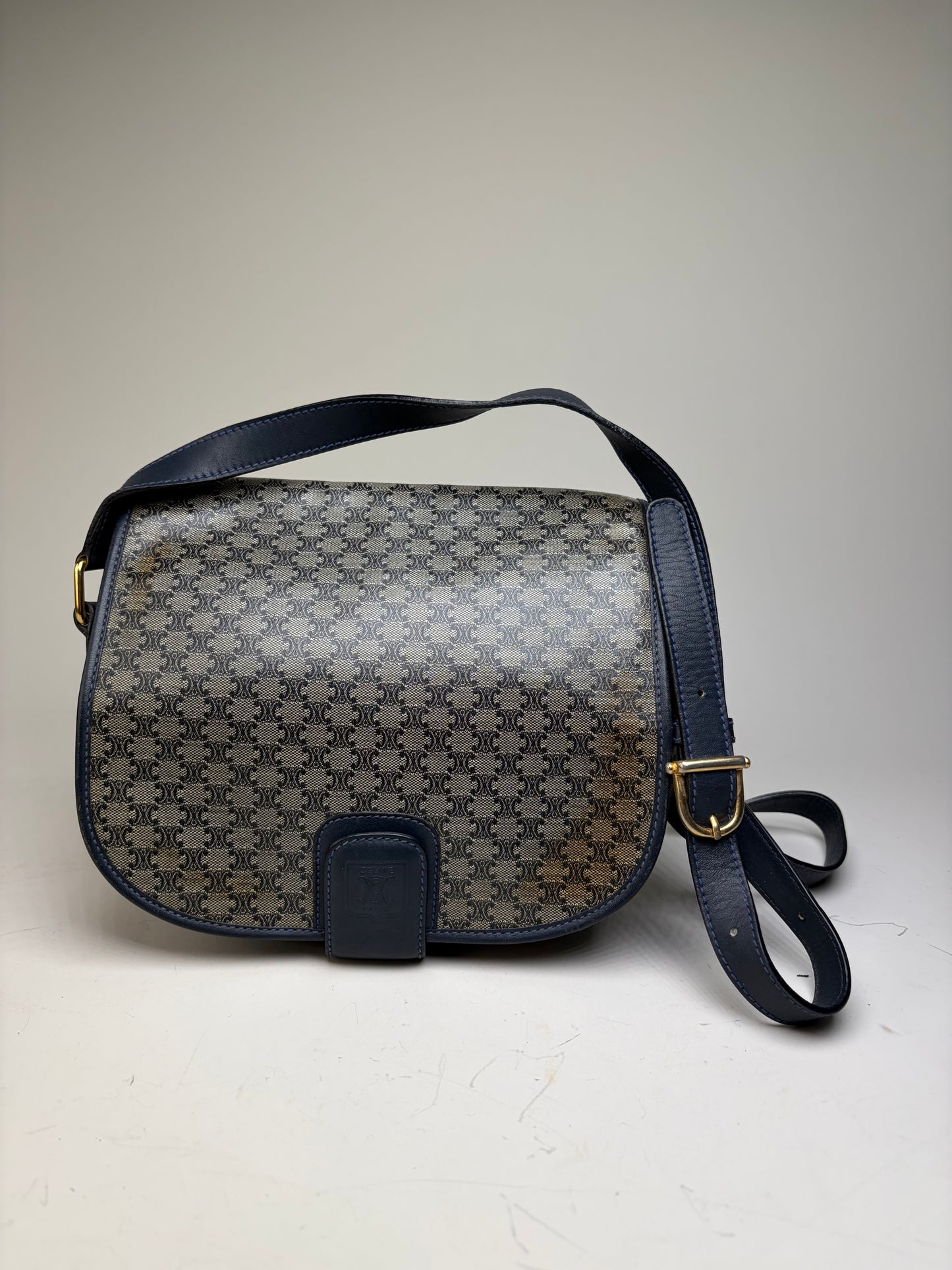 Vintage Celine C Monogram Canvas Shoulder Bag Navy Beige