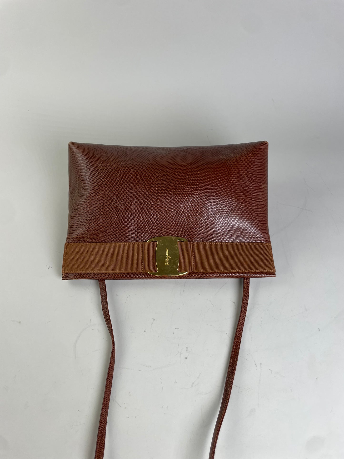 Vintage Ferragamo Textured Leather Shoulder Bag Rust Tan Gold