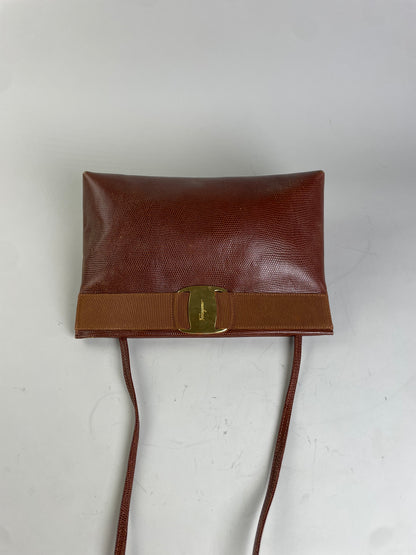 Vintage Ferragamo Textured Leather Shoulder Bag Rust Tan Gold