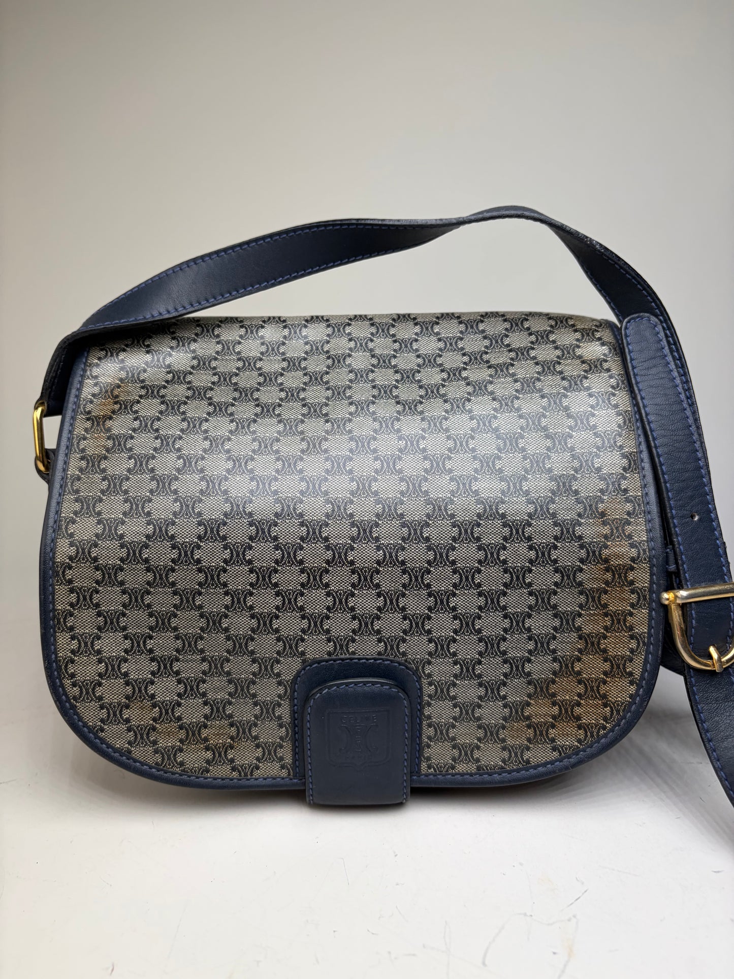 Vintage Celine C Monogram Canvas Shoulder Bag Navy Beige