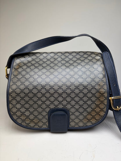 Vintage Celine C Monogram Canvas Shoulder Bag Navy Beige