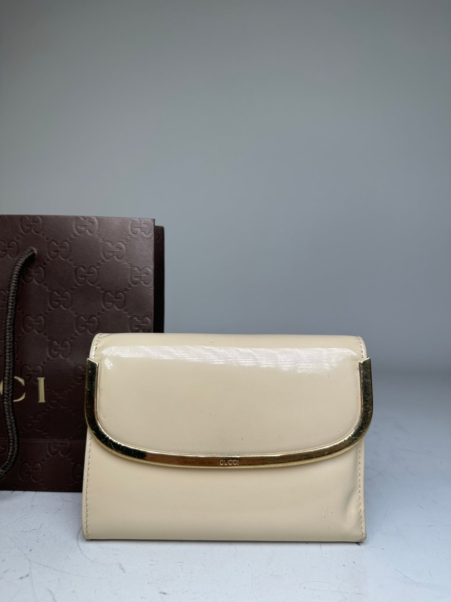 Vintage Gucci Patent Leather Clutch Cream Gold