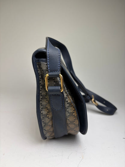 Vintage Celine C Monogram Canvas Shoulder Bag Navy Beige