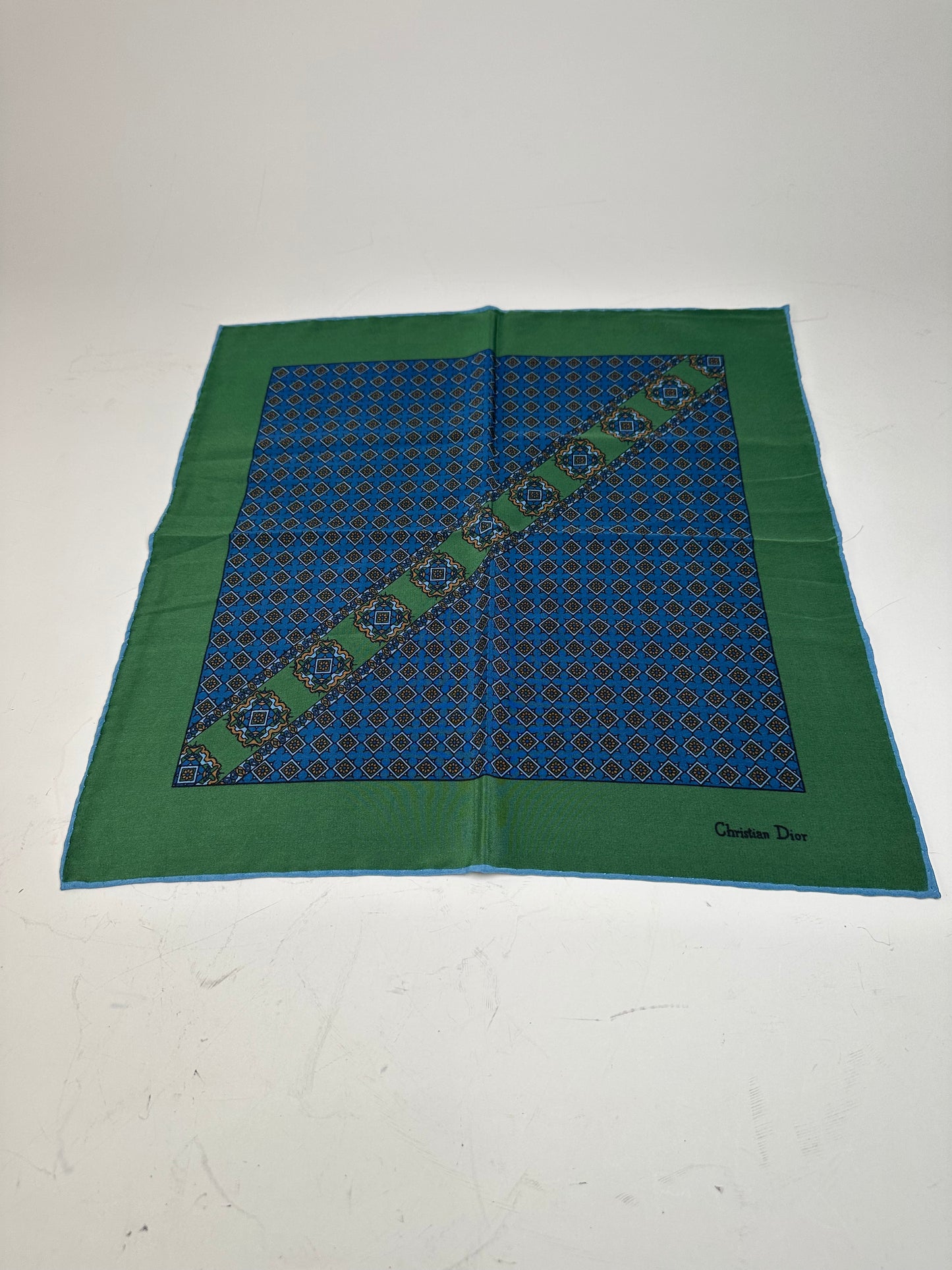 Vintage Dior Silk Scarf Blue Green c. 1990s