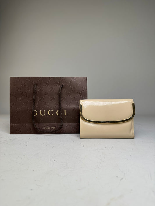 Vintage Gucci Patent Leather Clutch Cream Gold