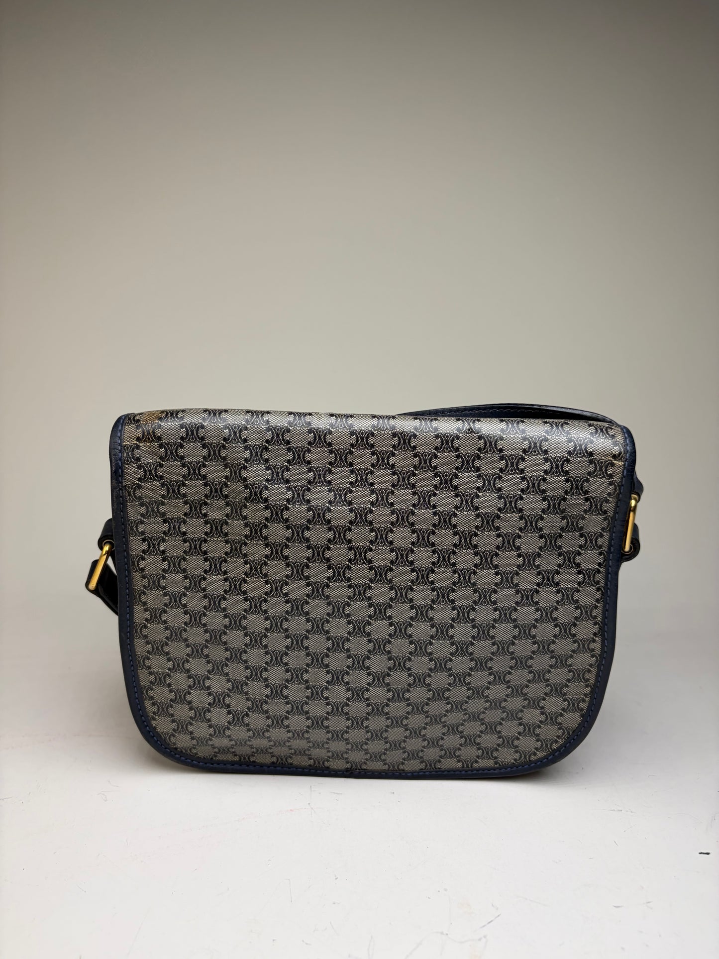 Vintage Celine C Monogram Canvas Shoulder Bag Navy Beige