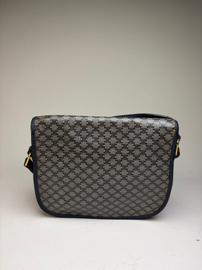 Vintage Celine C Monogram Canvas Shoulder Bag Navy Beige