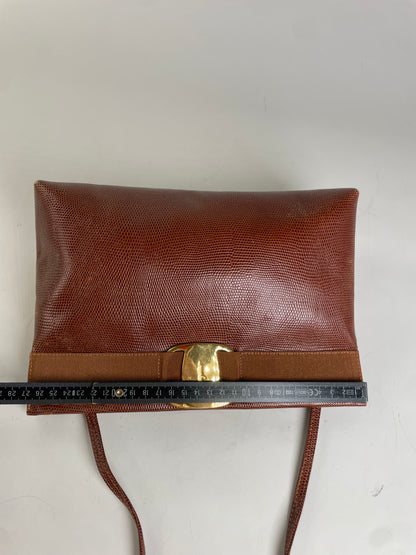 Vintage Ferragamo Textured Leather Shoulder Bag Rust Tan Gold