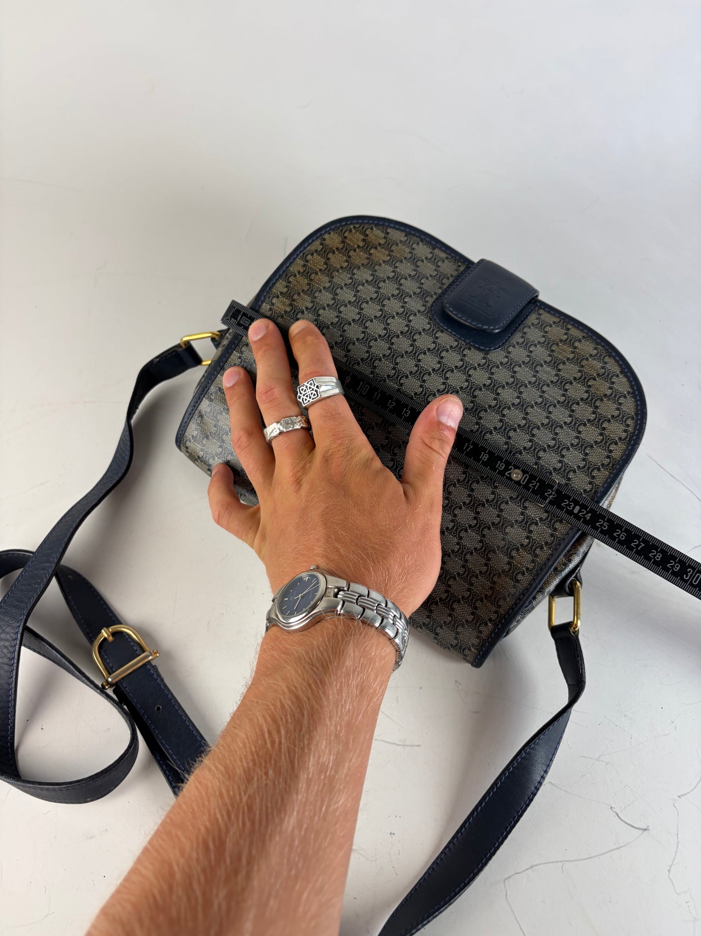 Vintage Celine C Monogram Canvas Shoulder Bag Navy Beige