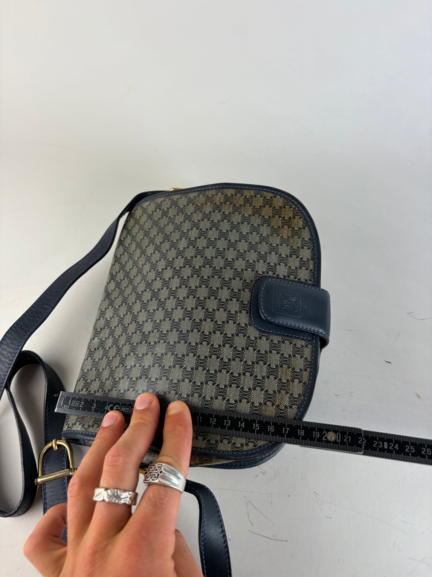 Vintage Celine C Monogram Canvas Shoulder Bag Navy Beige