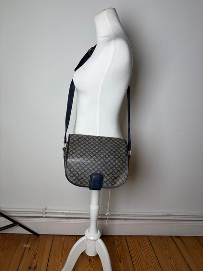 Vintage Celine C Monogram Canvas Shoulder Bag Navy Beige