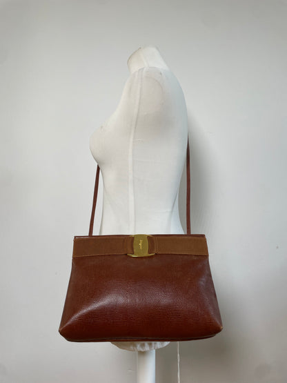 Vintage Ferragamo Textured Leather Shoulder Bag Rust Tan Gold